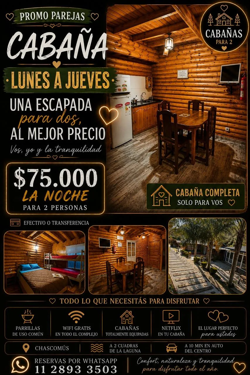 Promoción de cabaña para dos personas en Cabañas Los Duendes