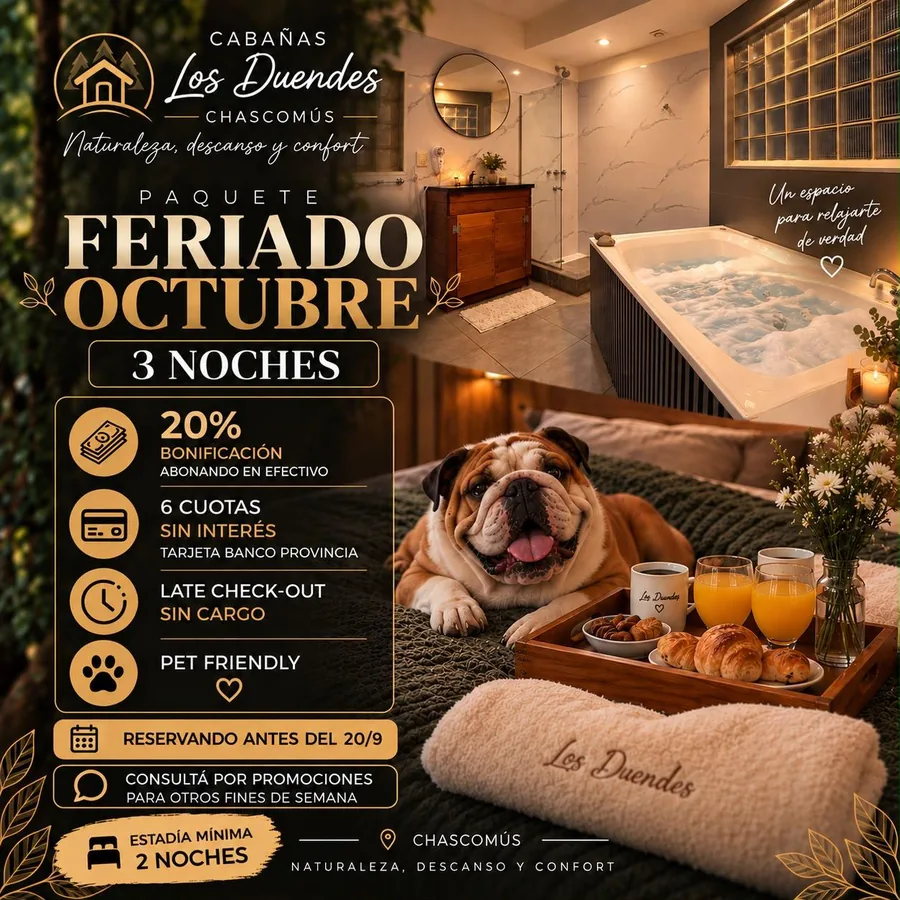 Promoción feriado de octubre pet friendly en Cabañas Los Duendes